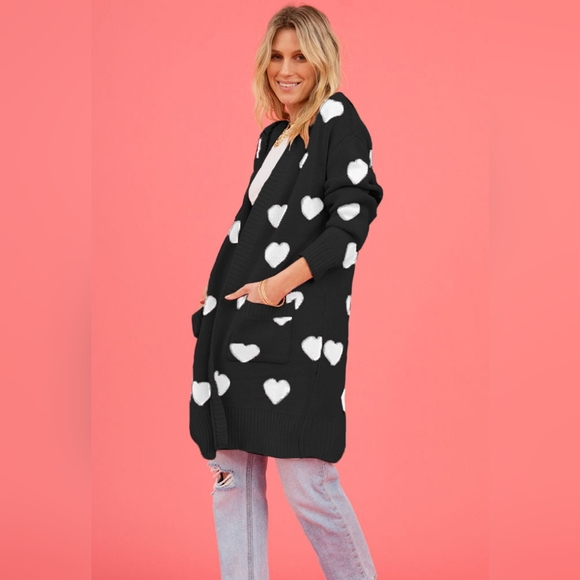 Contrasting Heart Knit Open Front Longline Pocket Sweater Cardigan Valentine - Picture 4 of 9